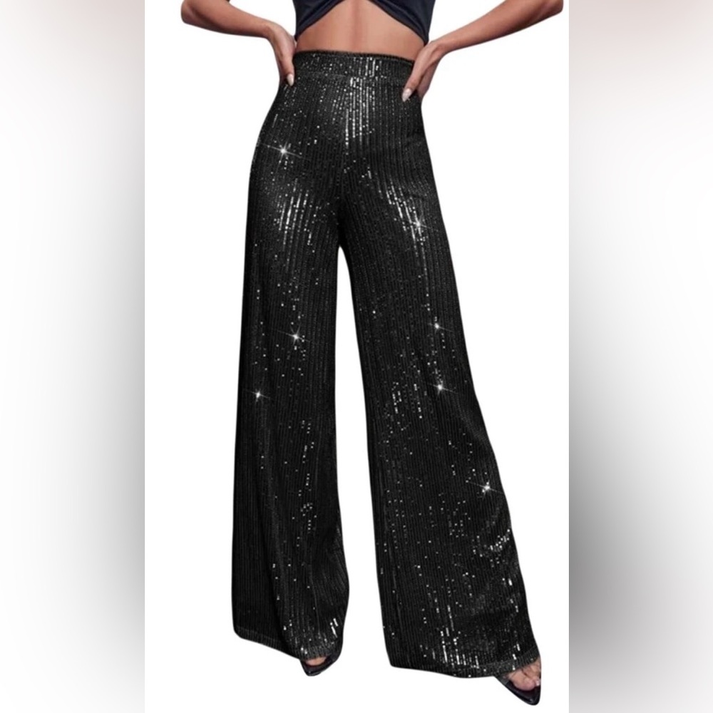 SHEIN NWOT Glittering Sequined Black Wide-Leg Pants